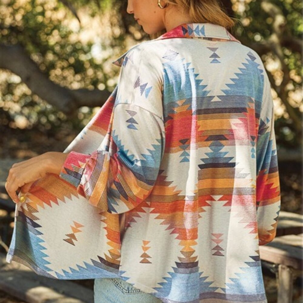 Western Coastal Cowgirl Diamond Aztec Cream Button Shacket with Collar & Pockets